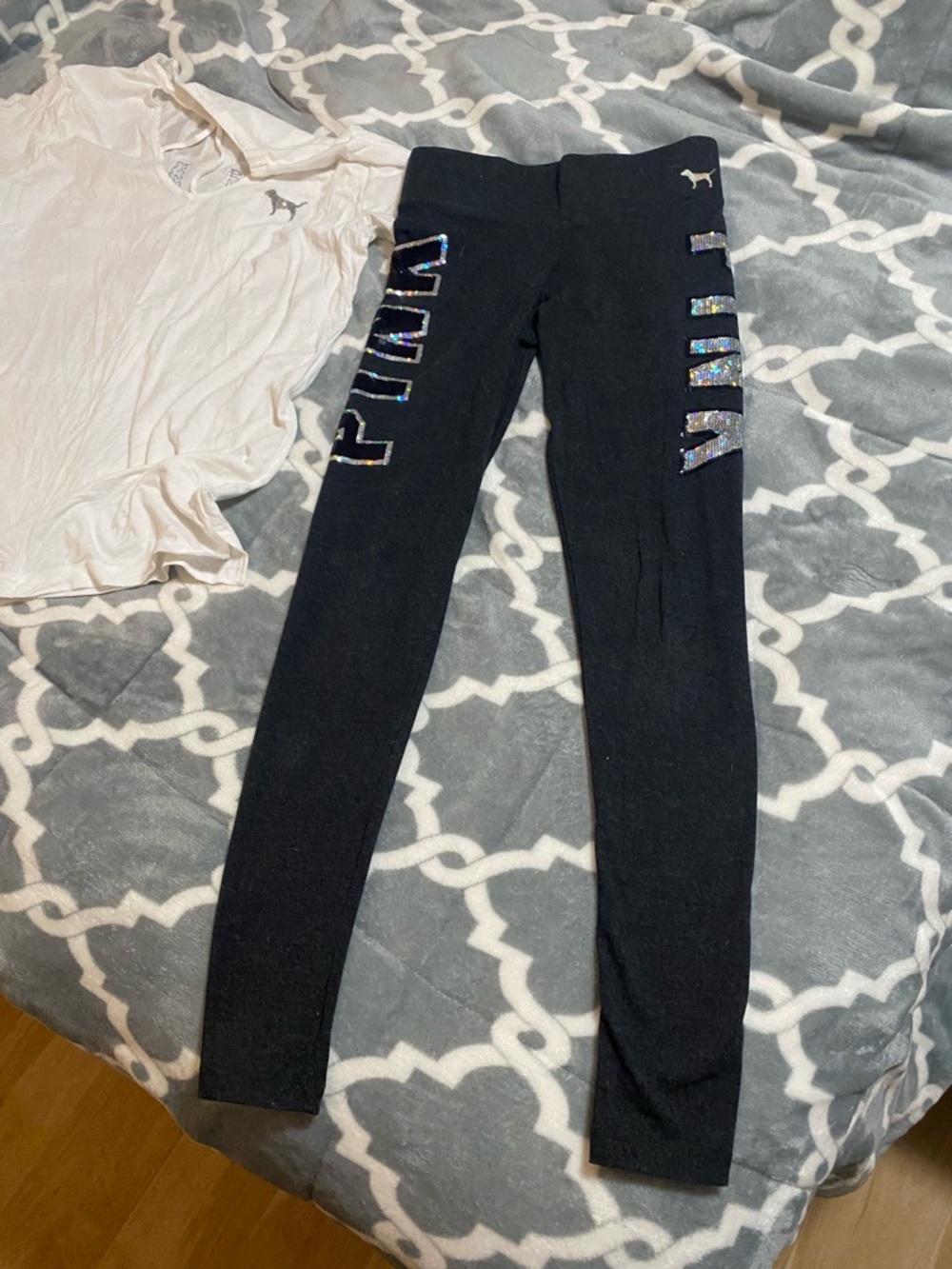 Victoria secret PINK bling rhinestone leggings shirts set SZ XS black white - Picture 5 of 5